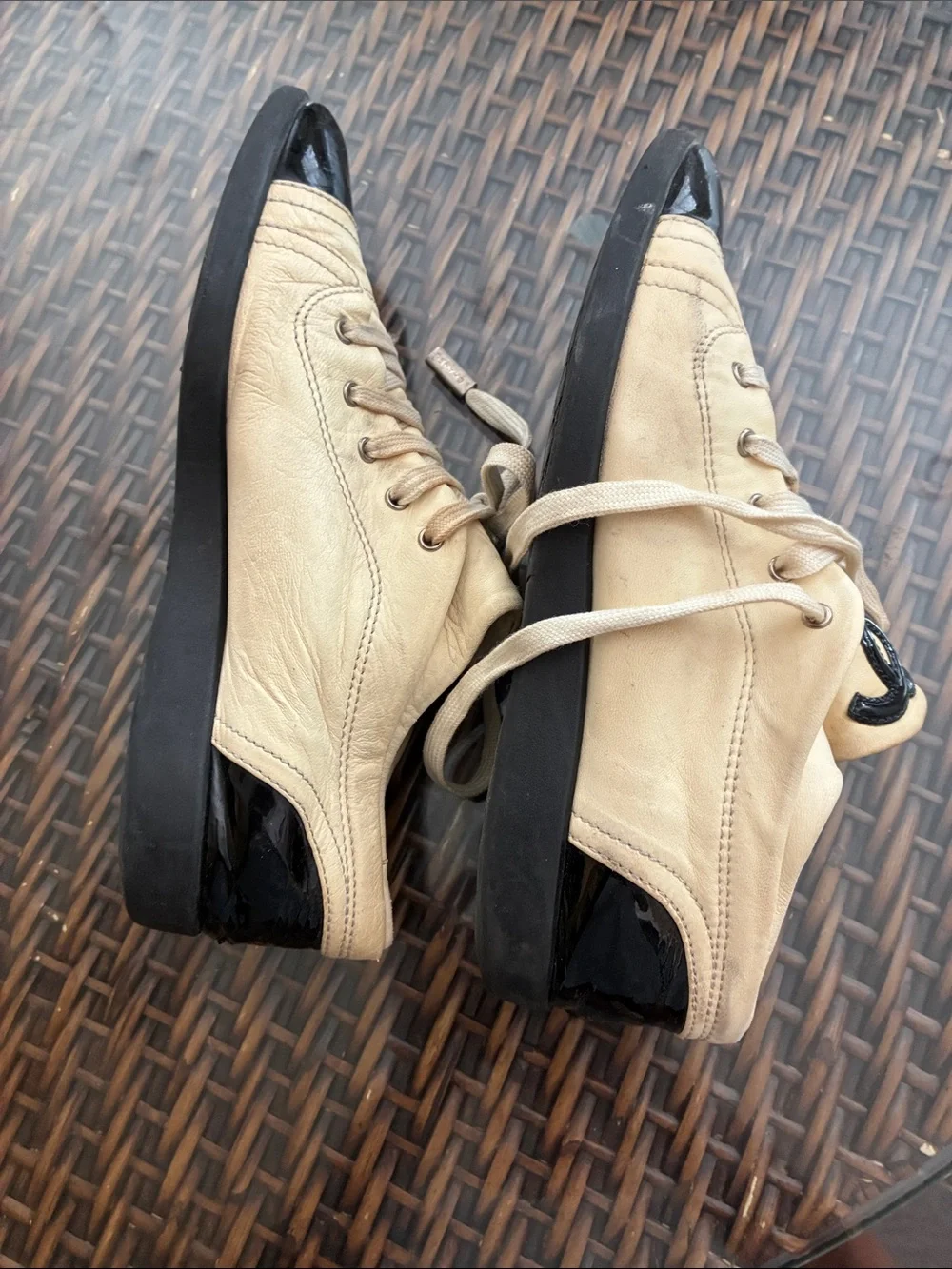 CHANEL Beige and Black Lace-Up Logo Sneakers - Picture 6 of 12